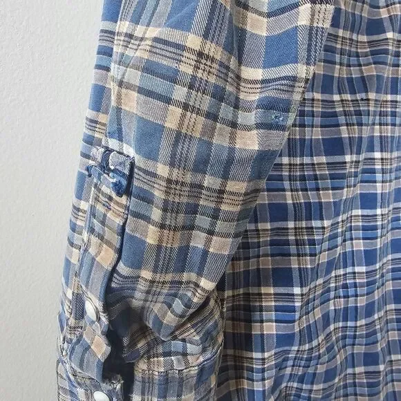 Wrangler Brushpopper Shirt Men's Size XLT Long‎ Tail Plaid Snaps Blue Vintage - Picture 13 of 15
